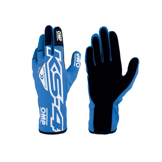 Blue and black OMP KS-4 Karting race gloves with OMP branding on a white background