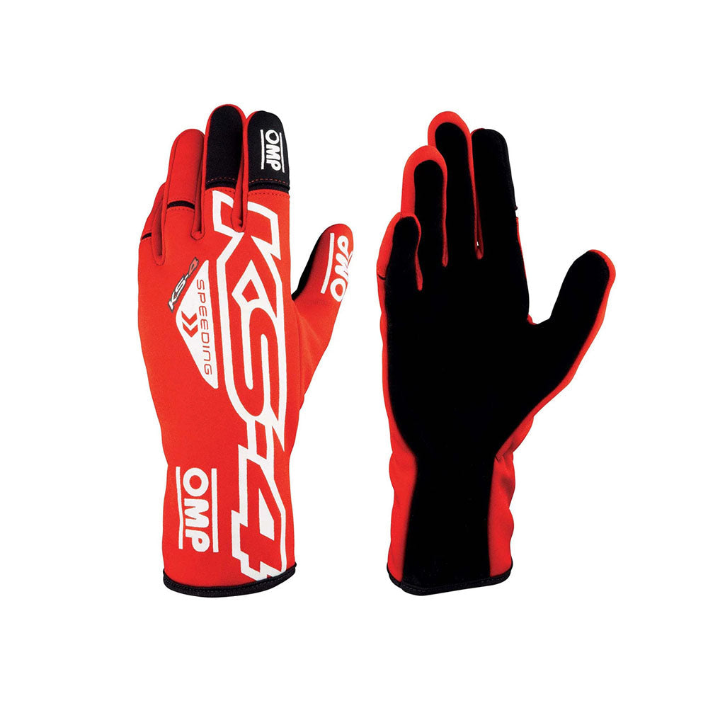 Red and black OMP KS-4 Kart race gloves with OMP branding on a white background