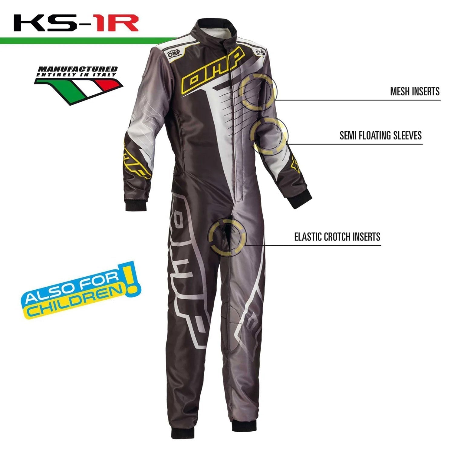 OMP KS 1-R Gray, Black Karting Suit suit with features highlighted on a white background - STORMX GEAR
