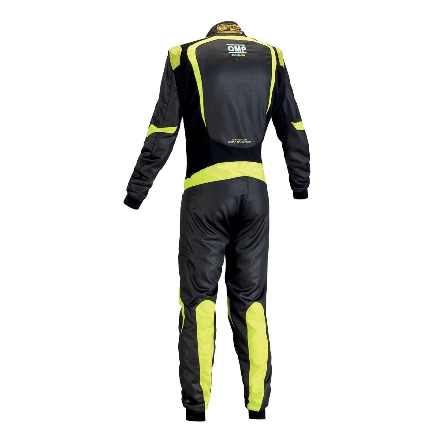 Back View of OMP ONE-S1 Black Yellow Go Kart Racing Suit -STORMX GEAR