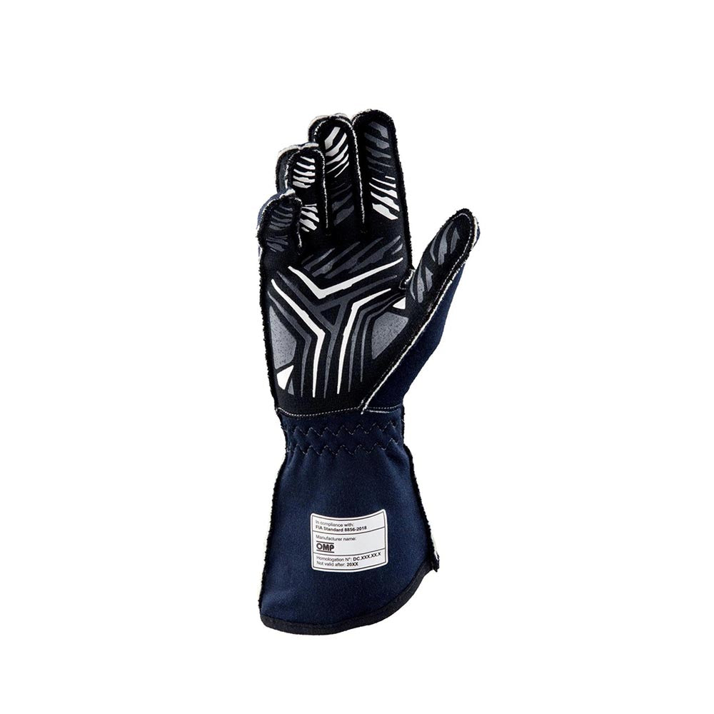 Black and white OMP One-S race glove on a white background