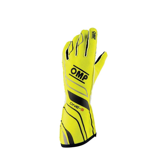Yellow OMP One-S race glove with black accents on a white background
