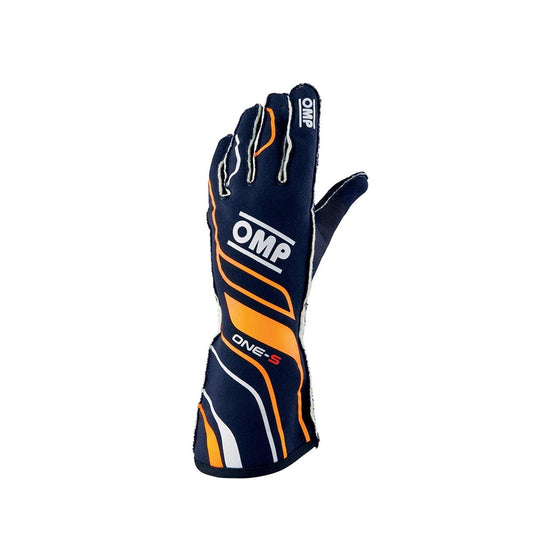 Black and orange OMP One-S race glove with 'OMP' branding on a white background