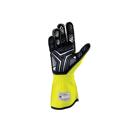 Yellow and black OMP One-S race glove on a white background