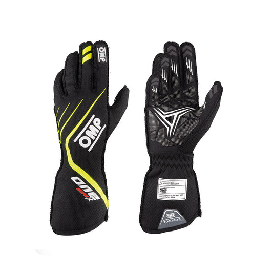 Black OMP One EvoX 2022 Motorsport race gloves with yellow accents and OMP branding on a white background