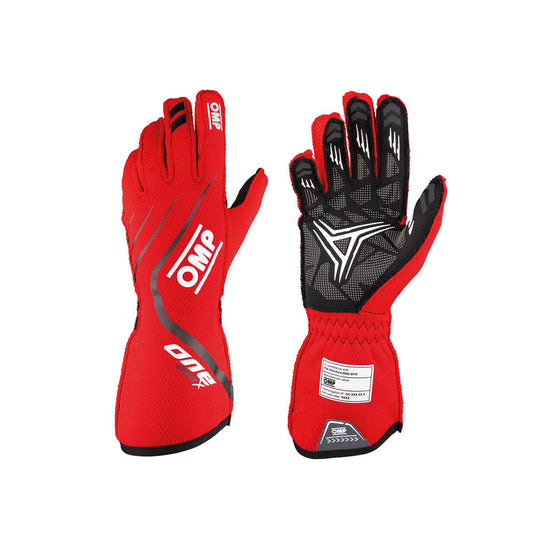 Red OMP One EvoX 2022 Motorsport race gloves with black accents and OMP branding on a white background