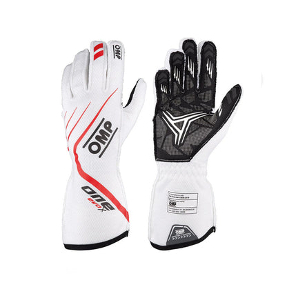 Pair of white and black OMP One EvoX 2022 Motorsport race gloves with OMP branding on a white background