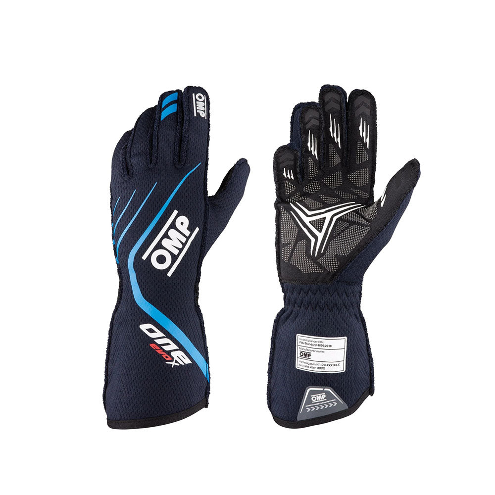 Pair of black OMP One EvoX 2022 Motorsport race gloves with blue accents on a white background
