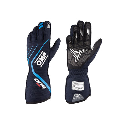 Pair of black OMP One EvoX 2022 Motorsport race gloves with blue accents on a white background