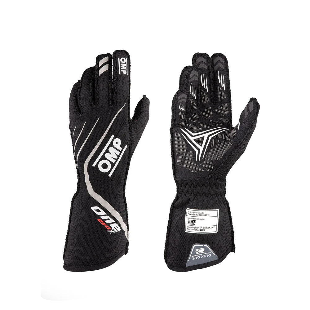 Black OMP One EvoX 2022 Motorsport race gloves with white accents on a white background