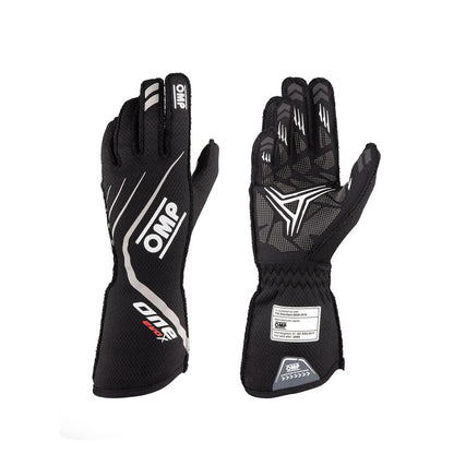 Black OMP One EvoX 2022 Motorsport race gloves with white accents on a white background