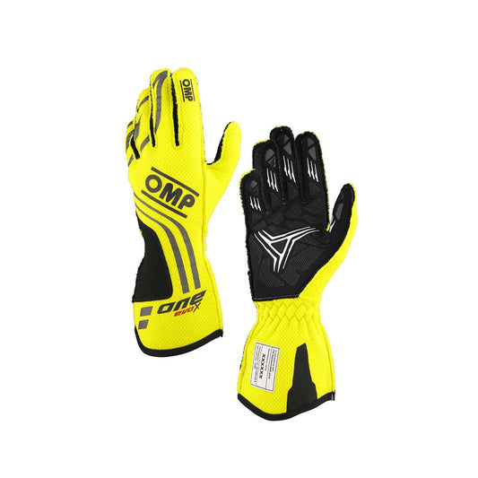 Yellow and black OMP One Evo X race gloves with OMP branding on a white background