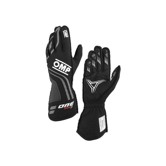 Pair of black OMP One Evo X race gloves with OMP branding on a white background