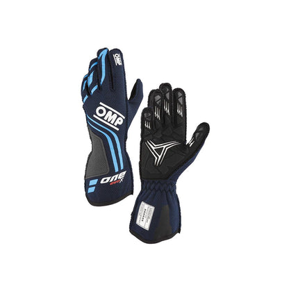Pair of OMP One Evo X race gloves with OMP branding on a white background