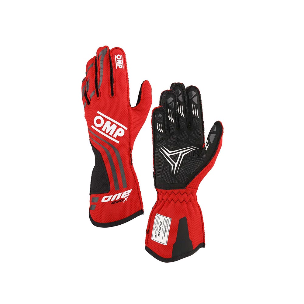 Red and black OMP One Evo X race gloves with OMP branding on a white background