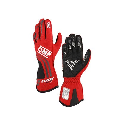 Red and black OMP One Evo X race gloves with OMP branding on a white background