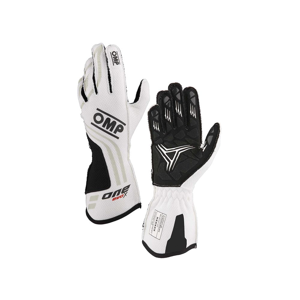 Pair of white and black OMP One Evo X race gloves with OMP branding on a white background