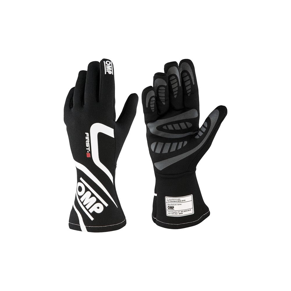 Black OMP Pro Mechanic Fireproof Motorsport race gloves with white and gray accents on a white background