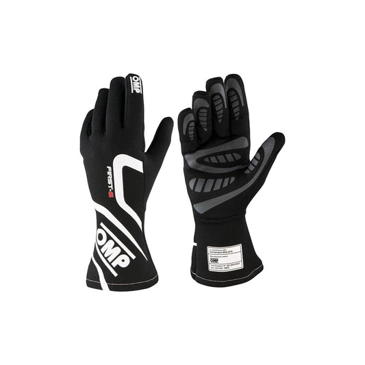 Black OMP Pro Mechanic Fireproof Motorsport race gloves with white and gray accents on a white background