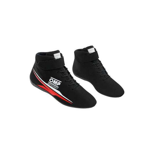 Black high-top OMP Sport Race shoes with red accents on a white background