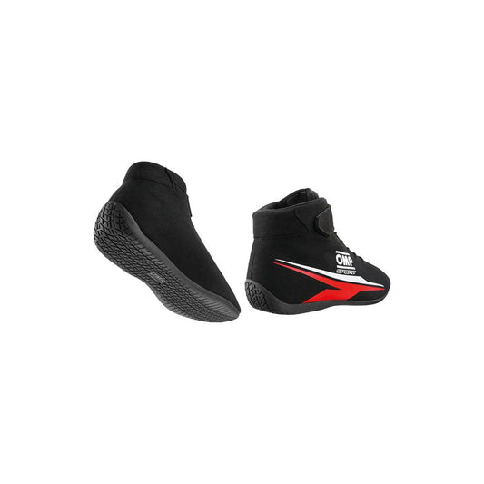 Black high-top OMP Sport Race shoes with red accents on a white background