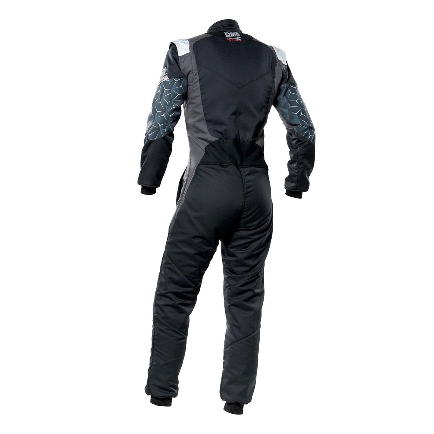 Back View of OMP TECNICA HYBRID Racing Suit - Black and Gray - STORMX GEAR