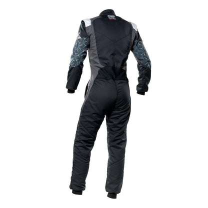 Back View of OMP TECNICA HYBRID Racing Suit - Black and Gray - STORMX GEAR