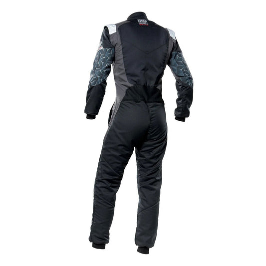 Back View of OMP TECNICA HYBRID Racing Suit - Black and Gray - STORMX GEAR