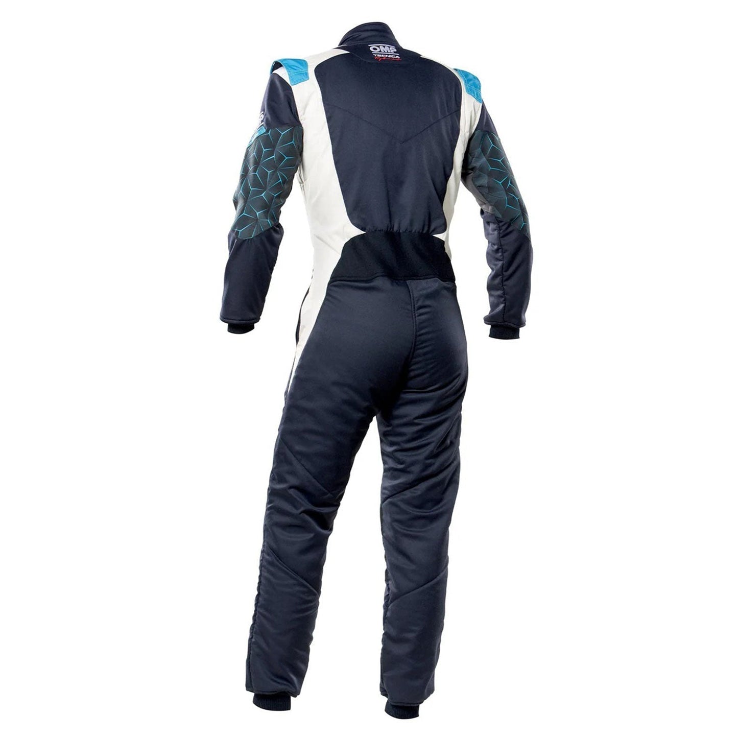 Back View of OMP TECNICA HYBRID Racing Suit - Blue and White - STORMX GEAR