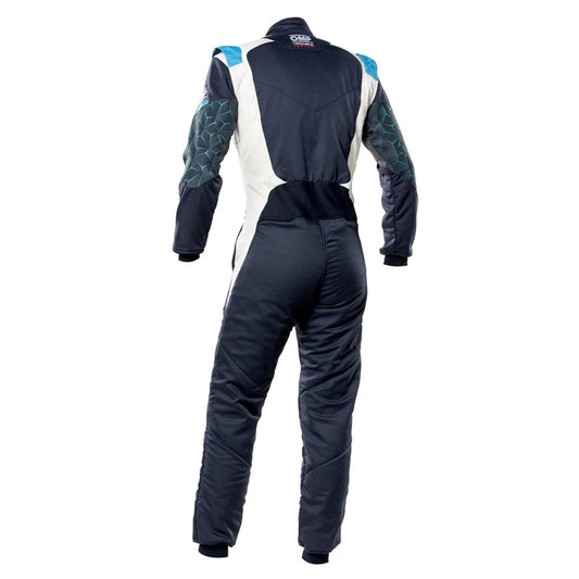 Back View of OMP TECNICA HYBRID Racing Suit - Blue and White - STORMX GEAR