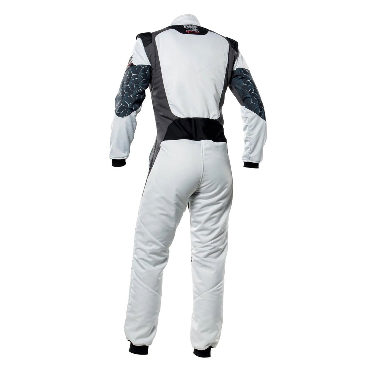 Back View of OMP TECNICA HYBRID Racing Suit - White and Black - STORMX GEAR