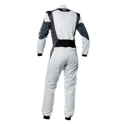 Back View of OMP TECNICA HYBRID Racing Suit - White and Black - STORMX GEAR