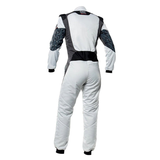 Back View of OMP TECNICA HYBRID Racing Suit - White and Black - STORMX GEAR
