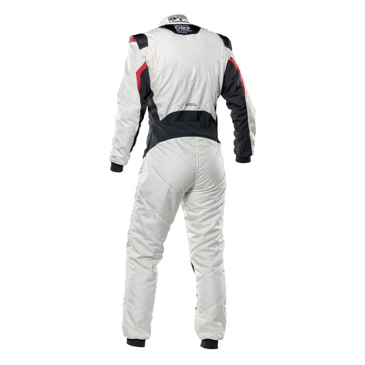 Back View of OMP White Black Red Tecnica Evo Racing Suit - STORMX GEAR
