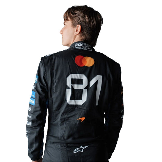 A Oscar Piastri shown from the back wearing a black racing suit with large white number 81 on the back, a Mastercard logo, and Alpinestars branding, against a plain white background.