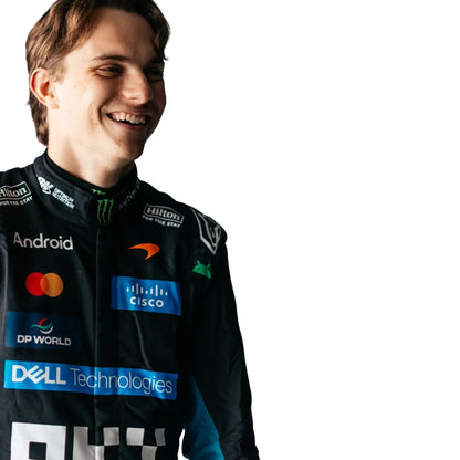 A Oscar Piastri in a black racing suit with multiple sponsor logos, photographed against a plain white background with his body mostly cropped on the left.