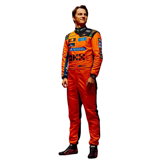 Oscar Piastri wearing a McLaren racing suit with various sponsor logos with Left View