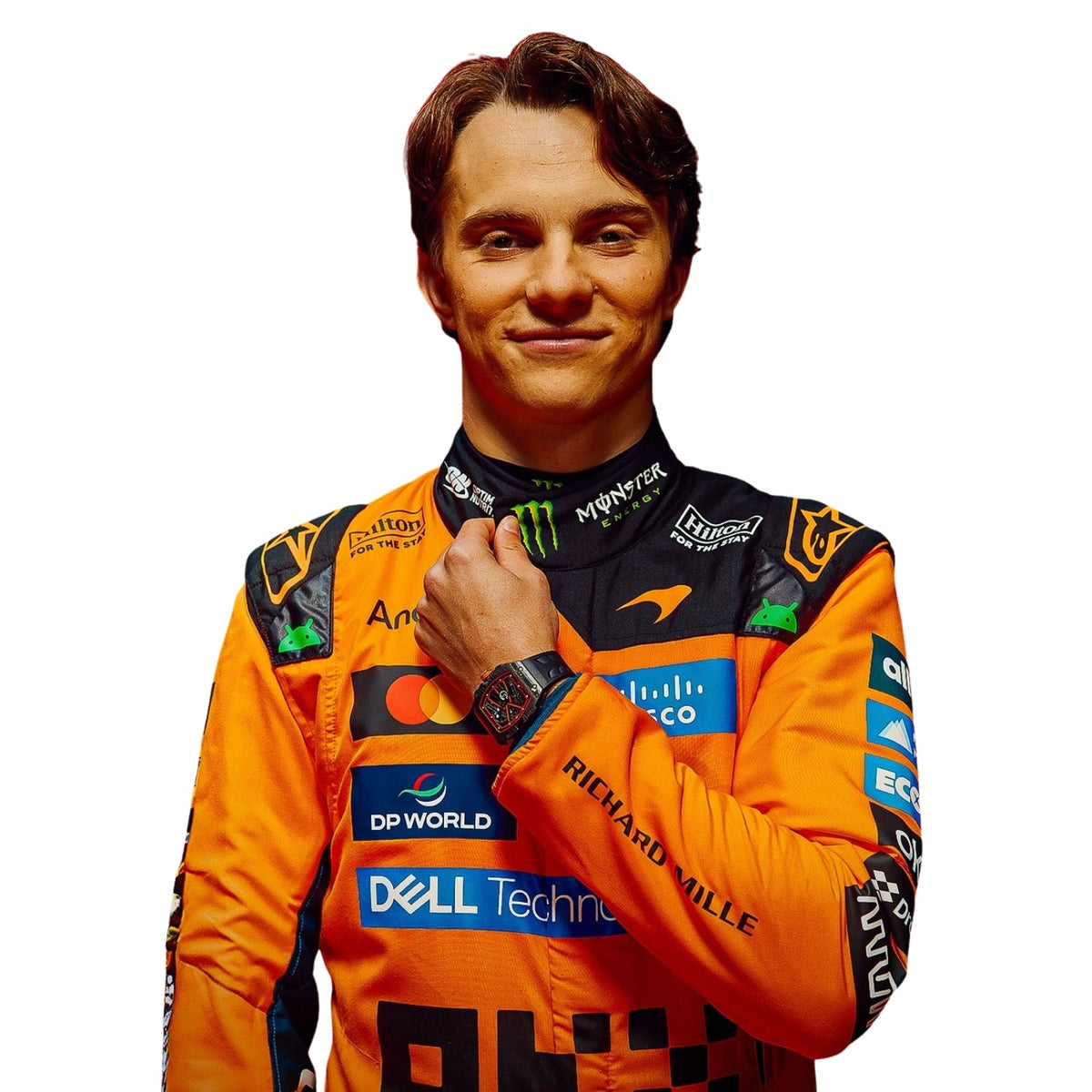 Oscar Piastri wearing a McLaren racing suit with various sponsor logos with Close View