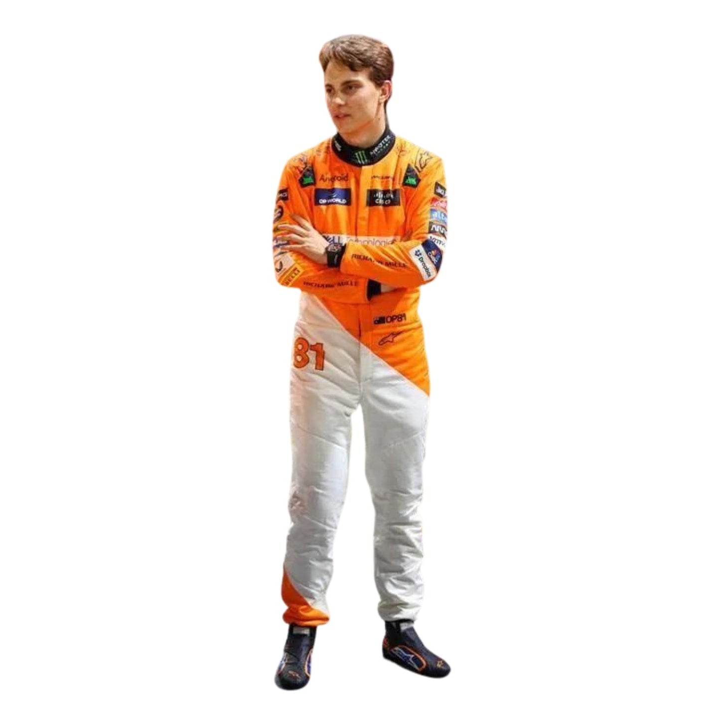 Oscar Piastri 2024 Singapore GP papaya orange F1 racing suit front view with black detailing