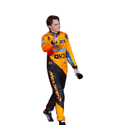 Side profile of Oscar Piastri 2025 racing suit, highlighting the ergonomic fit, stretch zones, and lightweight construction.

