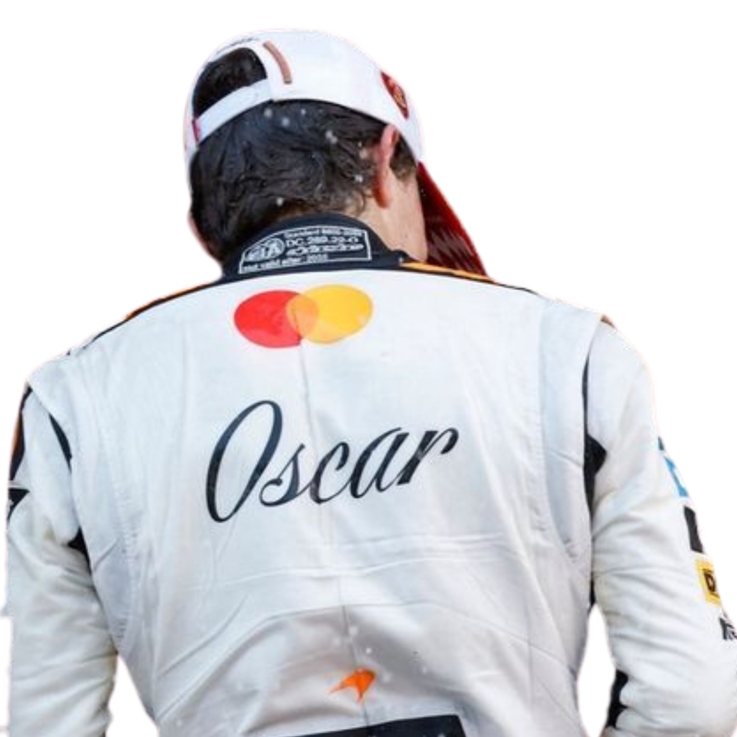 Oscar Piastri wearing a 2025 Monaco GP McLaren F1 racing suit with 'Mastercard' and 'Oscar' branding on a white background
