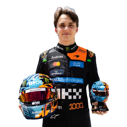 Oscar Piastri wearing a McLaren Monaco GP racing suit with various sponsor logos with Close View