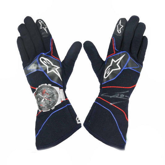 Black Pierre Gasly 2019 F1 Race gloves with a watch design on a white background