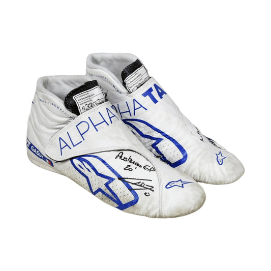 White high-top Pierre Gasly 2020 Austrian Grand Prix F1 Racing sneakers with blue branding on a white background