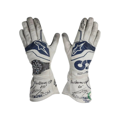 Pair of white and blue Pierre Gasly 2020 F1 race gloves with branding on a white background