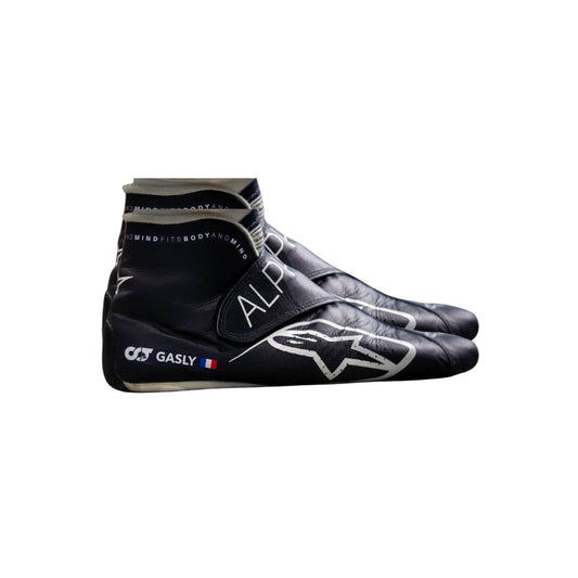 Black high-top Pierre Gasly 2022 F1 Race shoes with branding on a white background