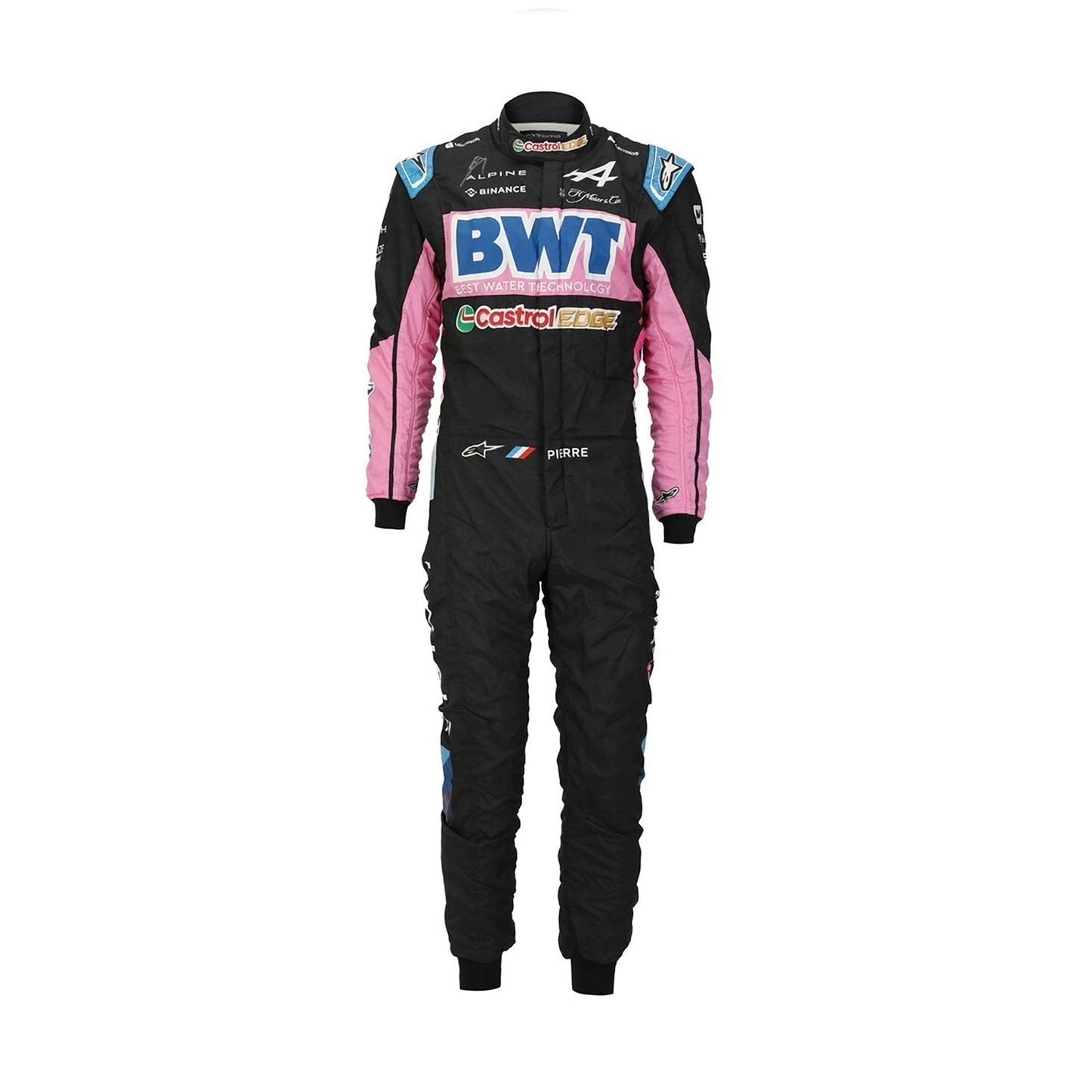 Front view of Pierre Gasly's 2024 racing suit in black with pink and blue accents, showcasing a modern design with sponsor logos.