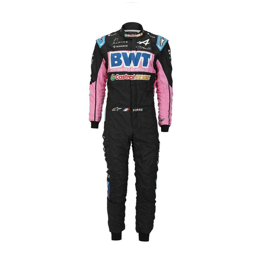 Front view of Pierre Gasly's 2024 racing suit in black with pink and blue accents, showcasing a modern design with sponsor logos.
