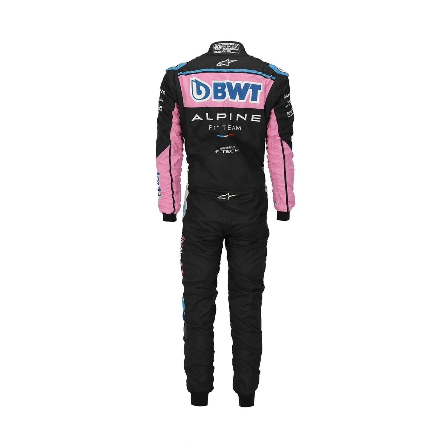 Rear view of Pierre Gasly's 2024 F1 race suit, featuring a black base with pink and blue detailing along with prominent sponsor logos.