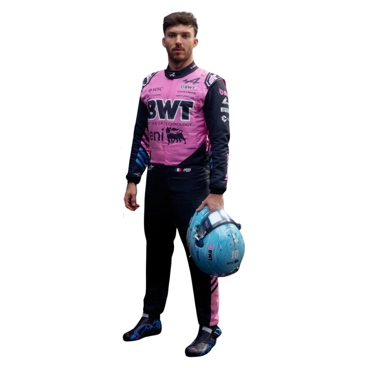 Pierre Gasly wearing a Alpine racing suit with various sponsor logos with right View